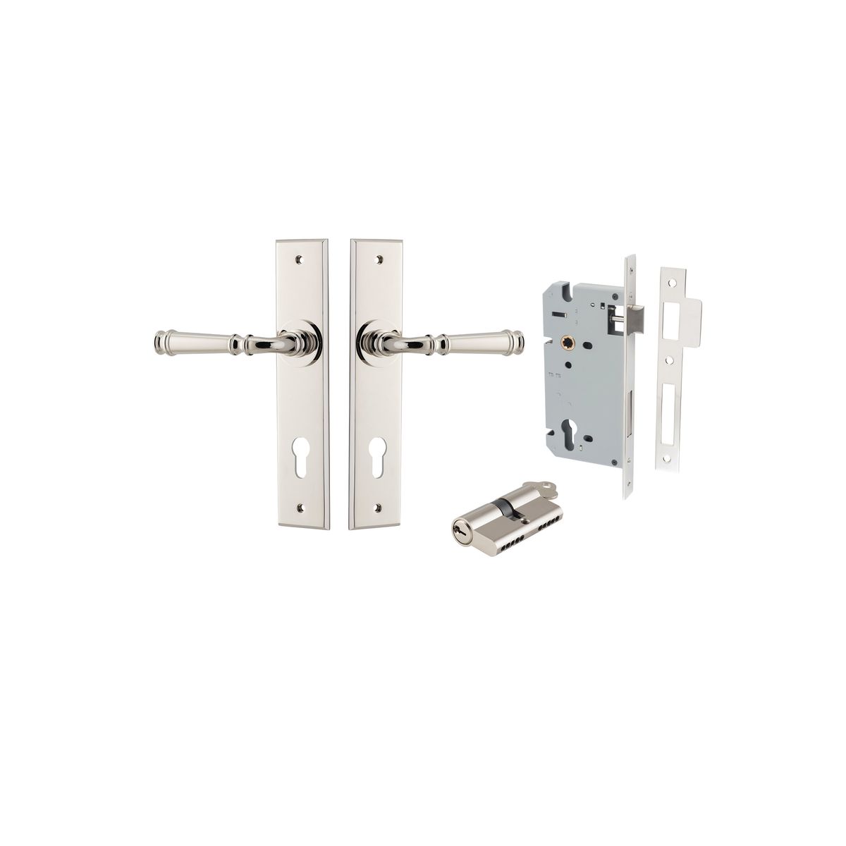 14286KENTR60KK - Verona Lever - Chamfered Backplate Entrance Kit with High Security Lock - Polished Nickel - Entrance
