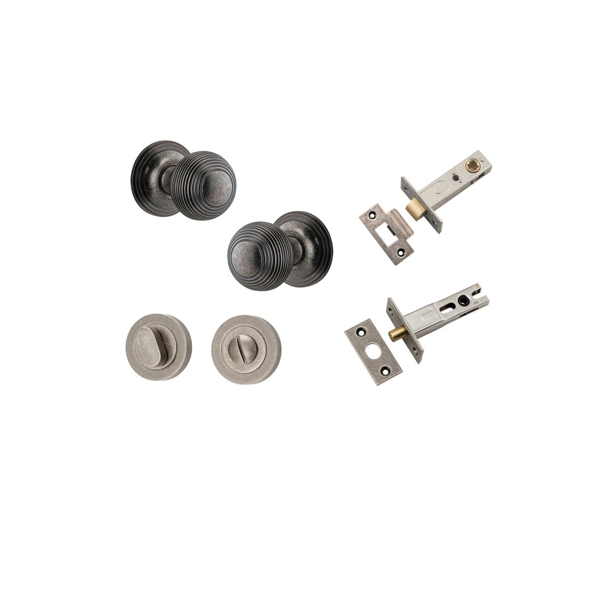 0227KPRIV60 - Guildford Knob - Round Rose Privacy Kit with Separate Privacy Turn - Distressed Nickel - Privacy