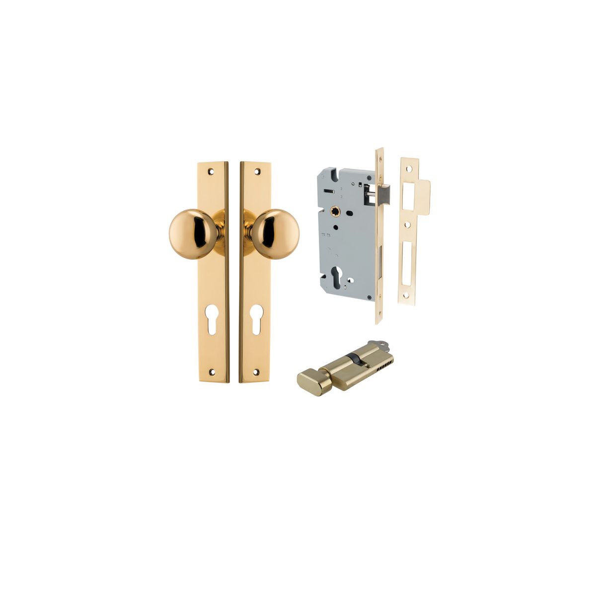 10322KENTR60KT - Cambridge Knob - Rectangular Backplate Entrance Kit with High Security Lock - Polished Brass - Entrance