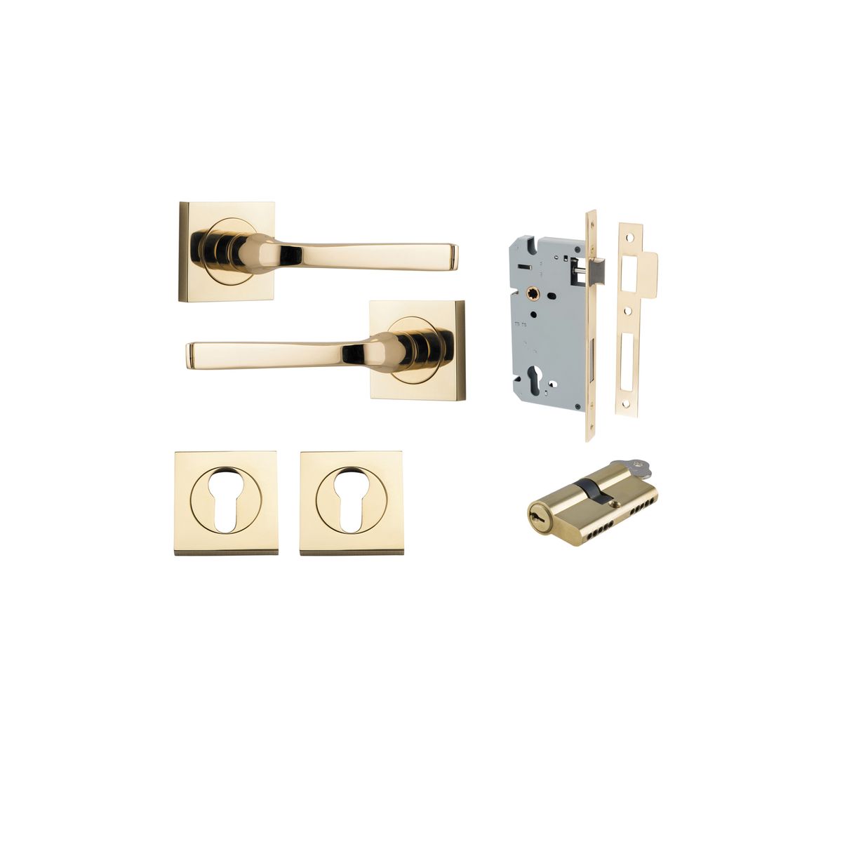 0390KENTR60KK - Annecy Lever - Square Rose Entrance Kit with Separate High Security Lock - Polished Brass - Entrance