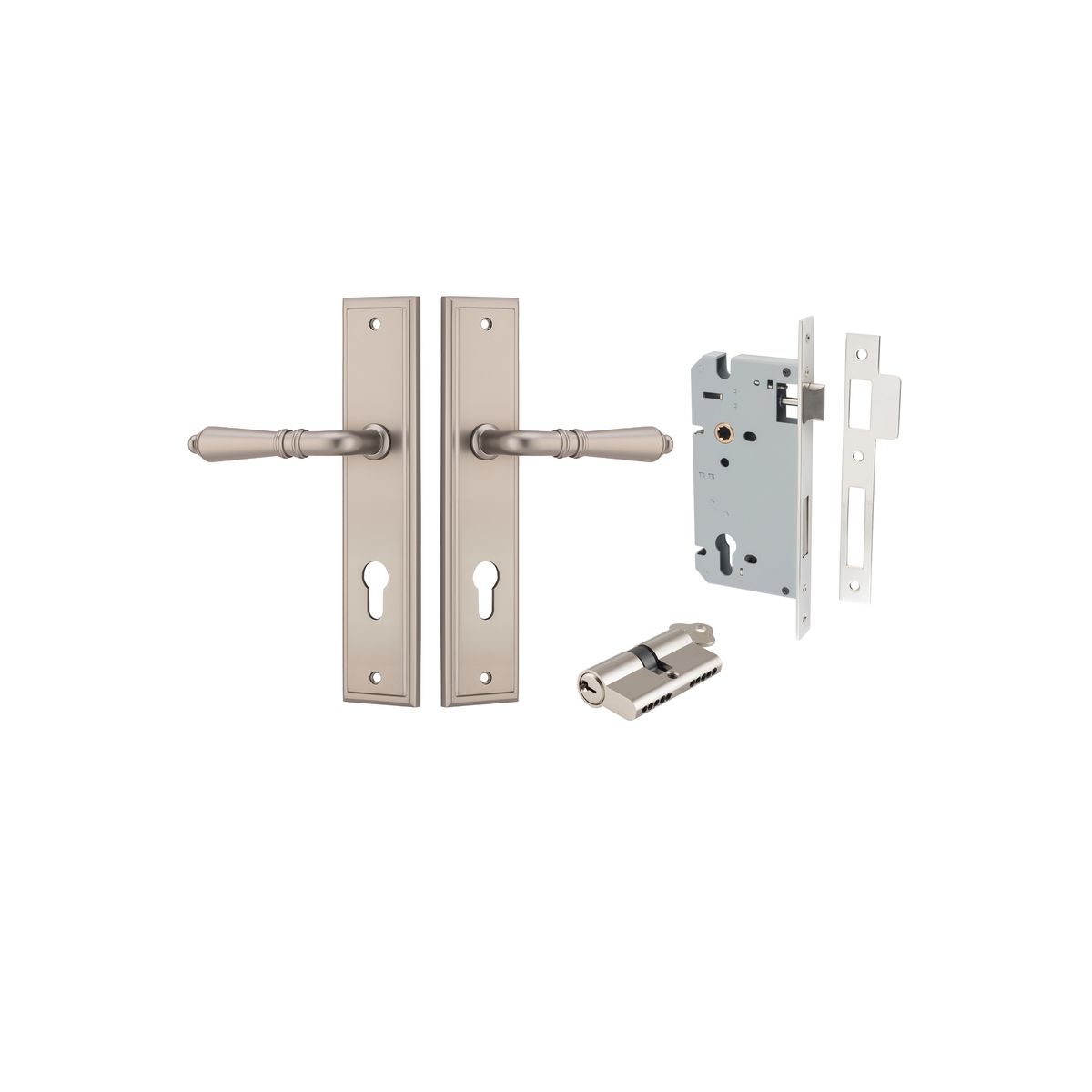14736KENTR60KK - Sarlat Lever - Stepped Backplate Entrance Kit with High Security Lock - Satin Nickel - Entrance