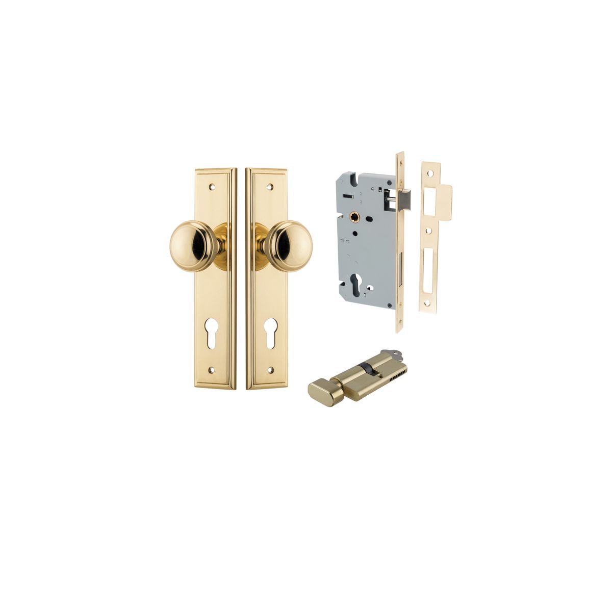 10338KENTR60KT - Paddington Knob - Stepped Backplate Entrance Kit with High Security Lock - Polished Brass - Entrance