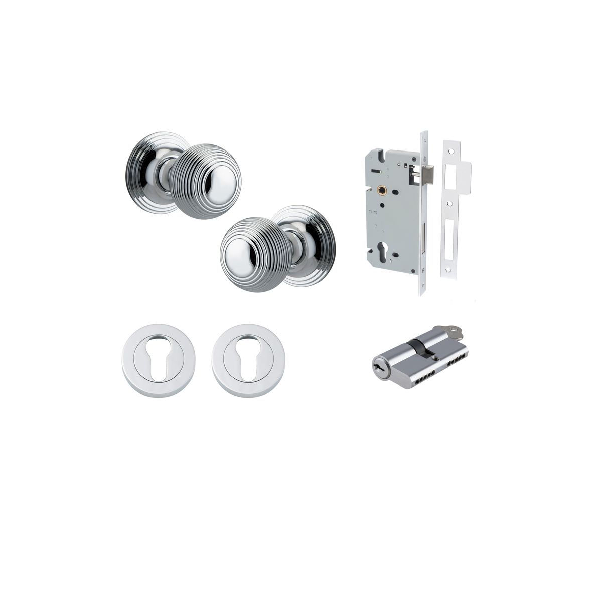 0224KENTR60KK - Guildford Knob - Round Rose Entrance Kit with Separate High Security Lock - Polished Chrome - Entrance