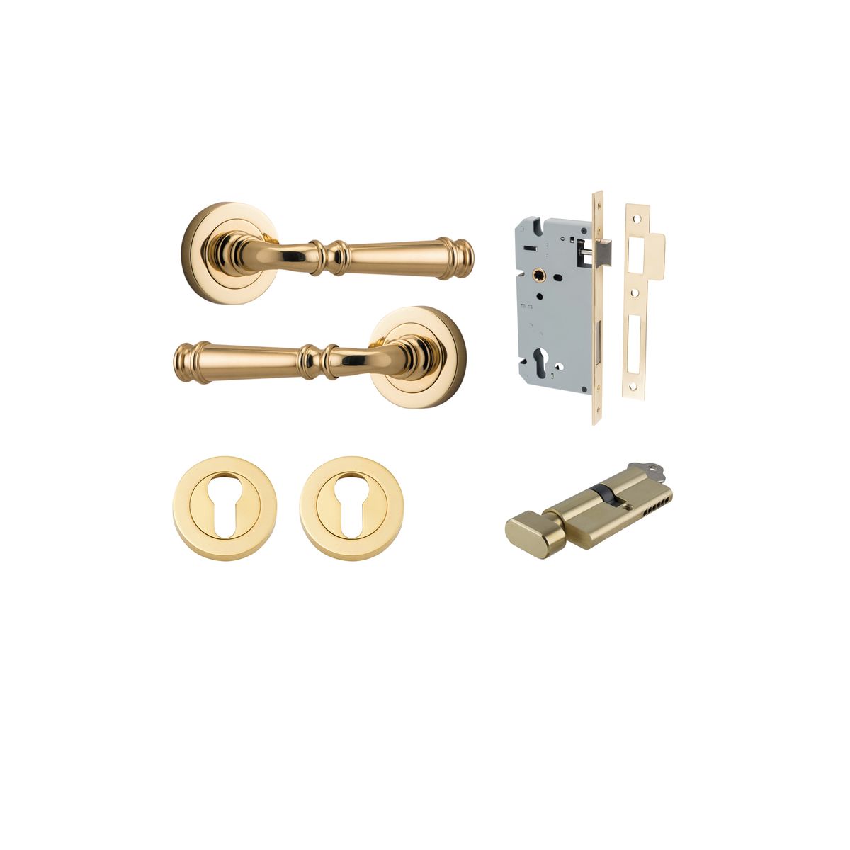 0310KENTR60KT - Verona Lever - Round Rose Entrance Kit with Separate High Security Lock - Polished Brass - Entrance