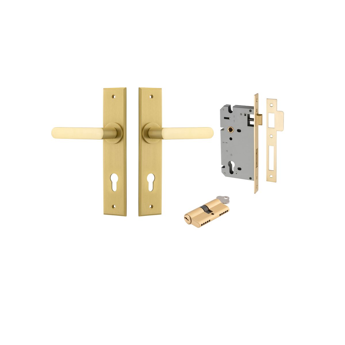 16366KENTR60KK - Osaka Lever - Chamfered Backplate Entrance Kit with High Security Lock - Brushed Gold PVD - Entrance