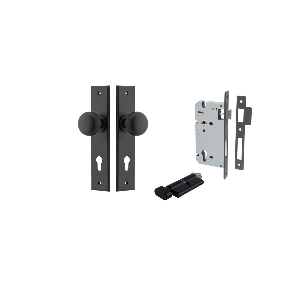 12946KENTR60KT - Cambridge Knob - Chamfered Backplate Entrance Kit with High Security Lock - Matt Black - Entrance