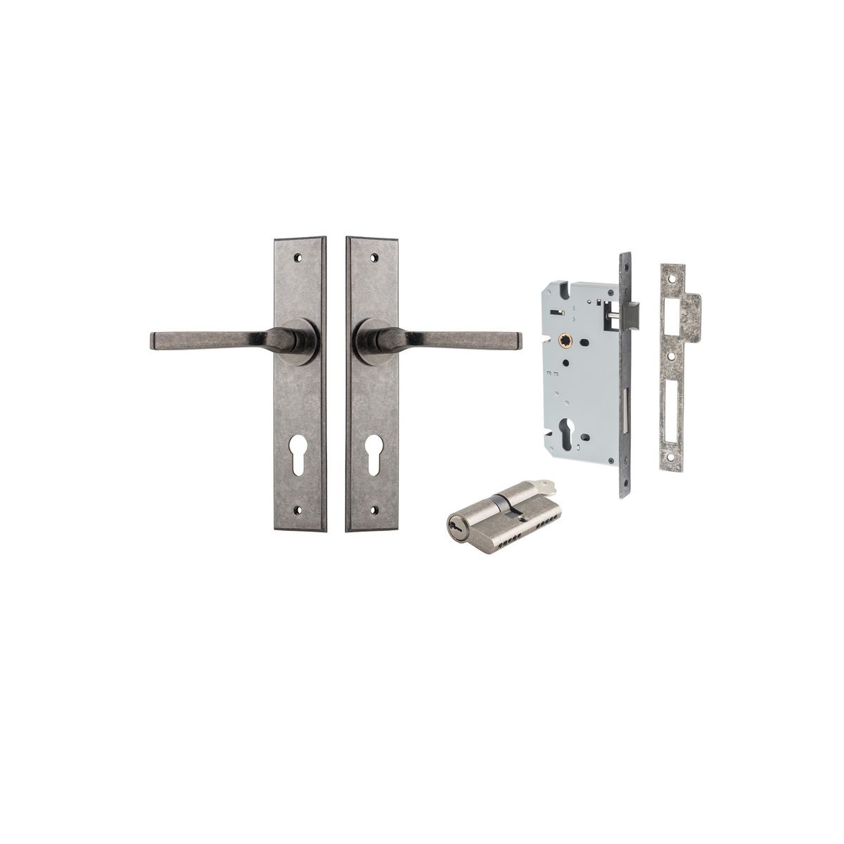 13788KENTR60KK - Annecy Lever - Chamfered Backplate Entrance Kit with High Security Lock - Distressed Nickel - Entrance