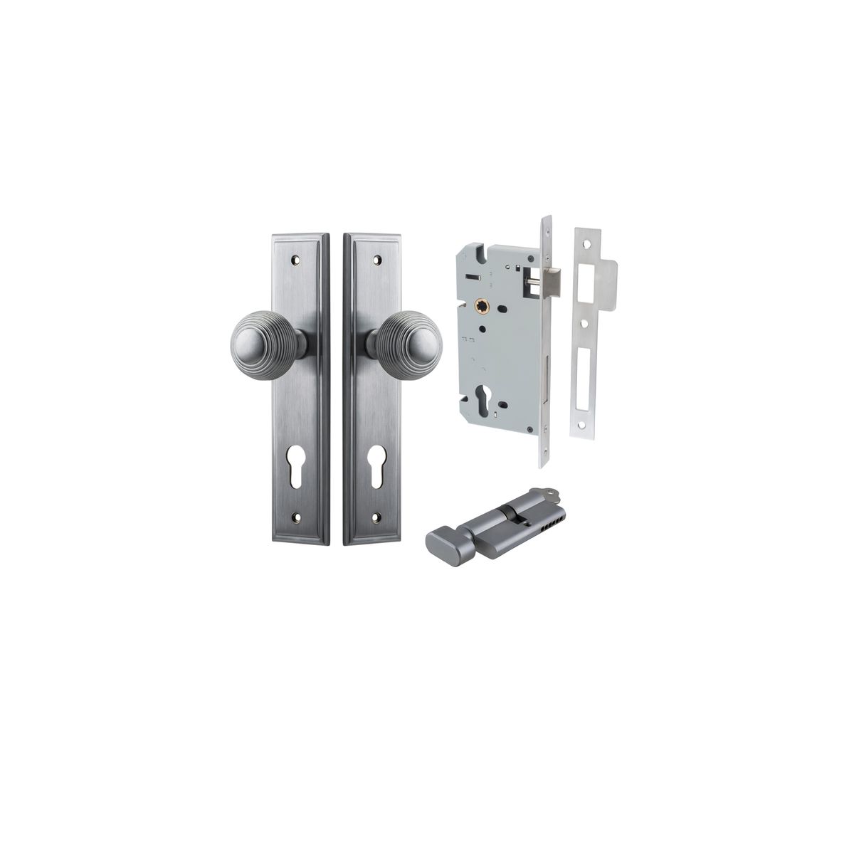 12342KENTR60KT - Guildford Knob - Stepped Backplate Entrance Kit with High Security Lock - Brushed Chrome - Entrance