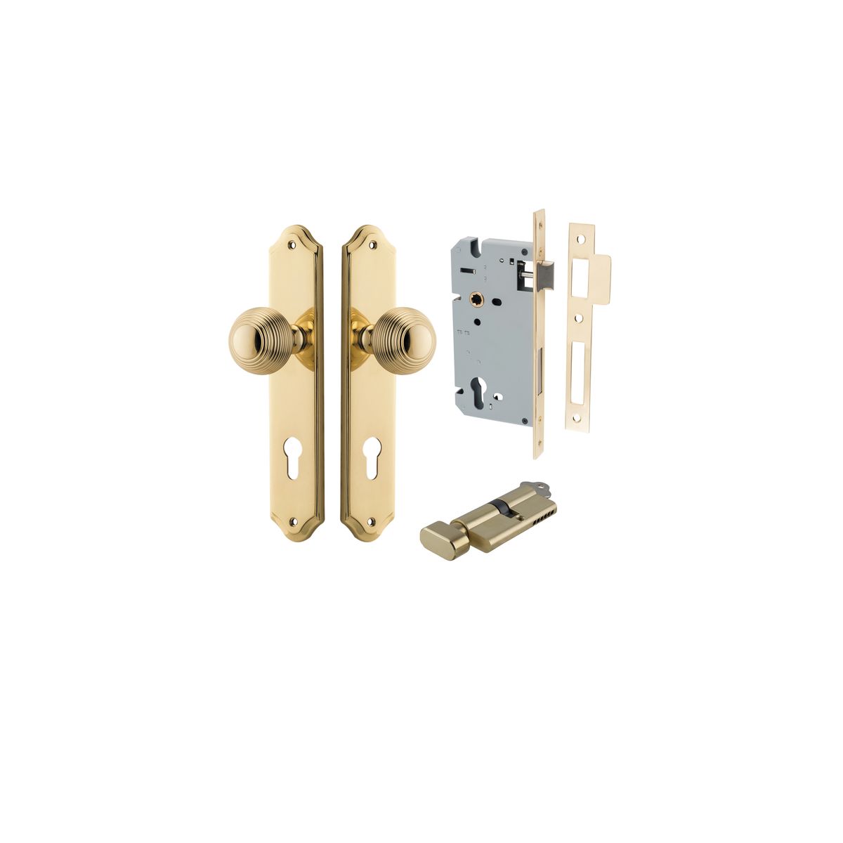10330KENTR60KT - Guildford Knob - Shouldered Backplate Entrance Kit with High Security Lock - Polished Brass - Entrance