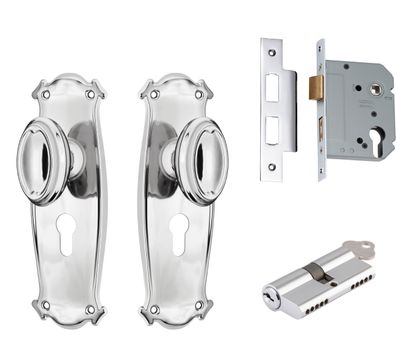 Bungalow Door Knob - Long Backplate Entrance Set with High Security Lock