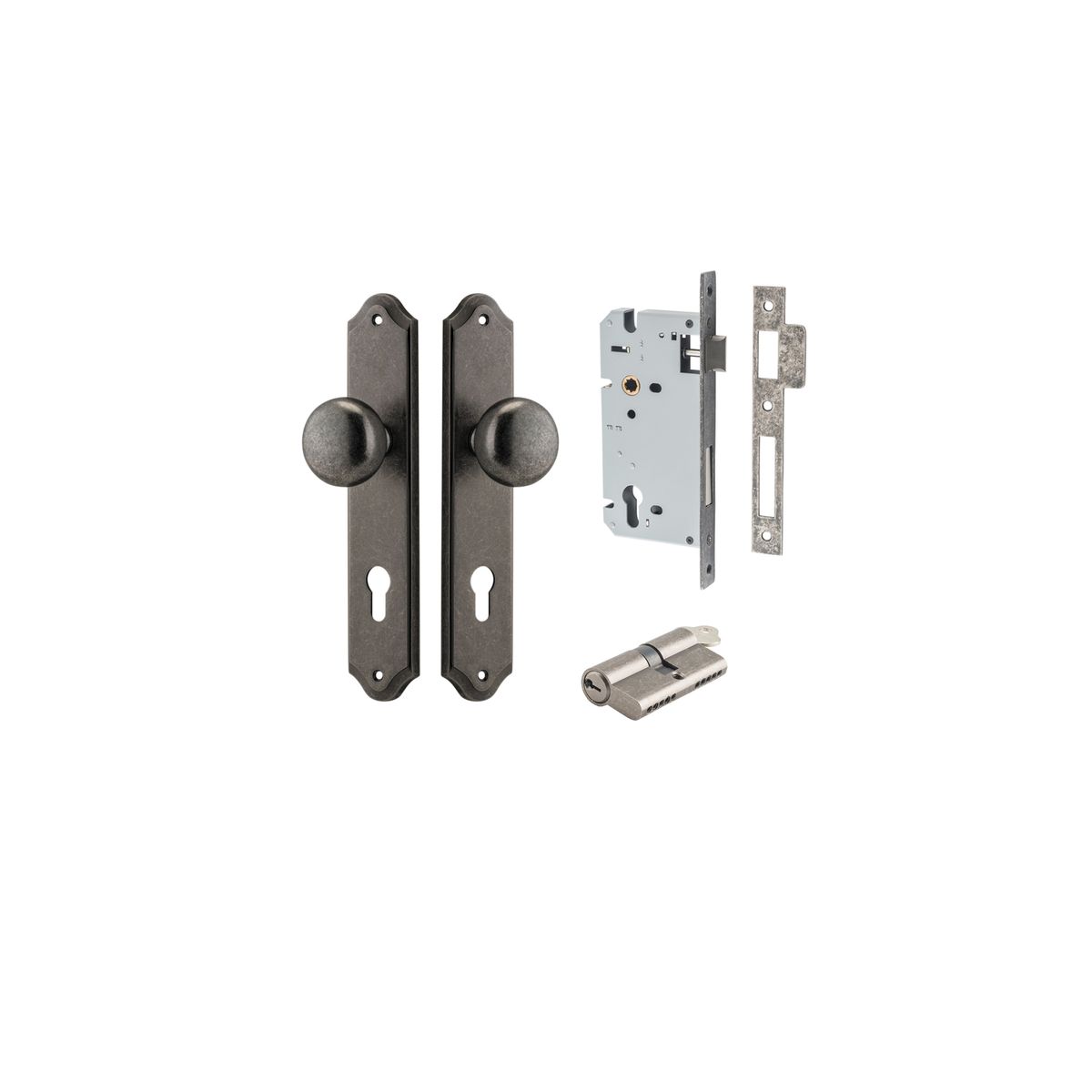 13828KENTR60KK - Cambridge Knob - Shouldered Backplate Entrance Kit with High Security Lock - Distressed Nickel - Entrance