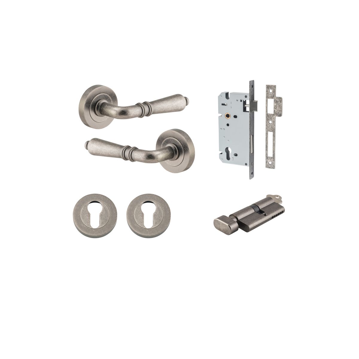 9207KENTR60KT - Sarlat Lever - Round Rose Entrance Kit with Separate High Security Lock - Distressed Nickel - Entrance