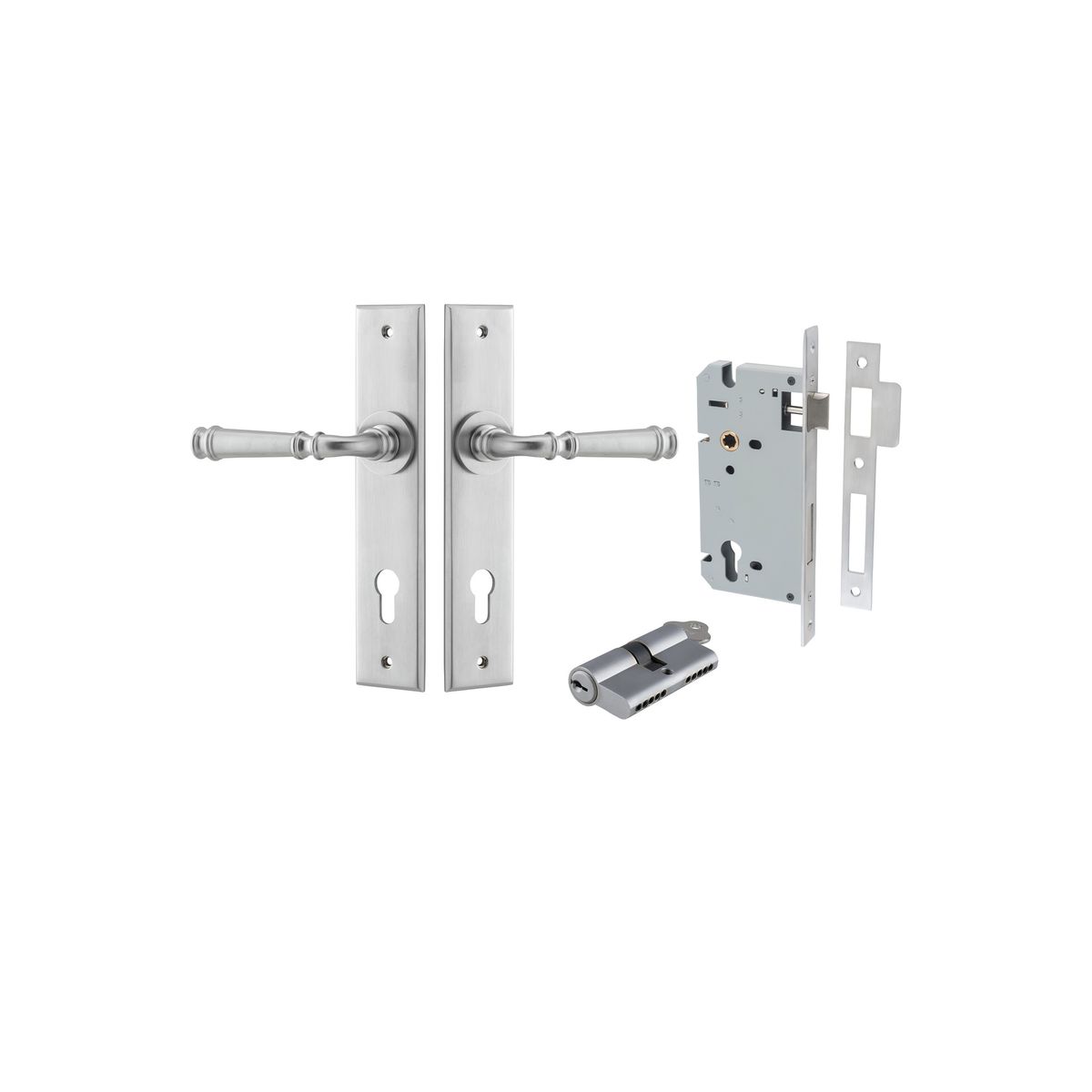 12286KENTR60KK - Verona Lever - Chamfered Backplate Entrance Kit with High Security Lock - Brushed Chrome - Entrance