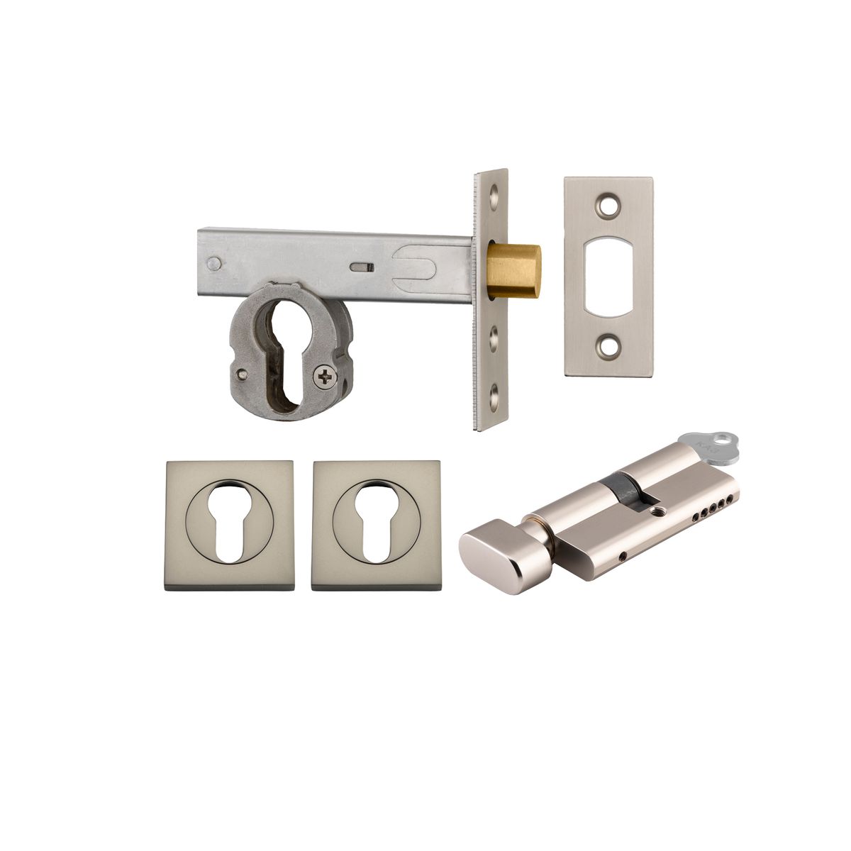22157K60KTES - Euro Mortice Deadbolt Kit - 60mm Backset with Square Euro Escutcheon Key/Thumb - Satin Nickel - Entrance