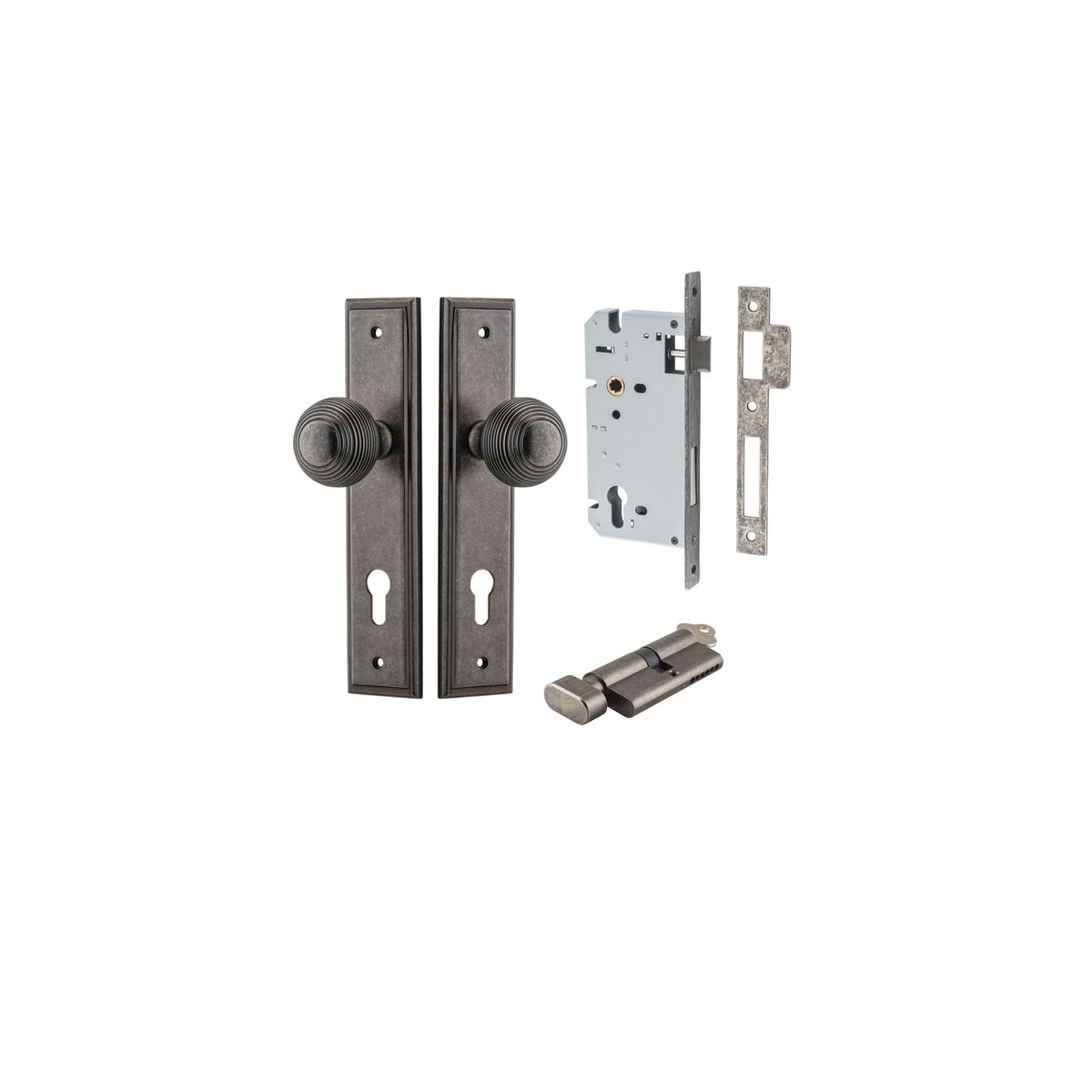 13842KENTR60KT - Guildford Knob - Stepped Backplate Entrance Kit with High Security Lock - Distressed Nickel - Entrance