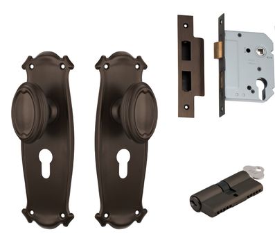 Bungalow Door Knob - Long Backplate Entrance Set with High Security Lock