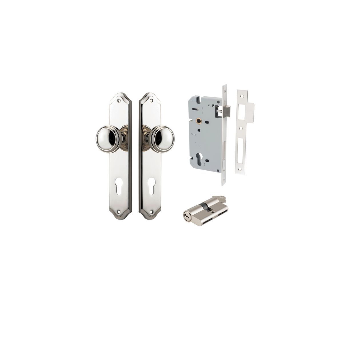 14326KENTR60KK - Paddington Knob - Shouldered Backplate Entrance Kit with High Security Lock - Polished Nickel - Entrance
