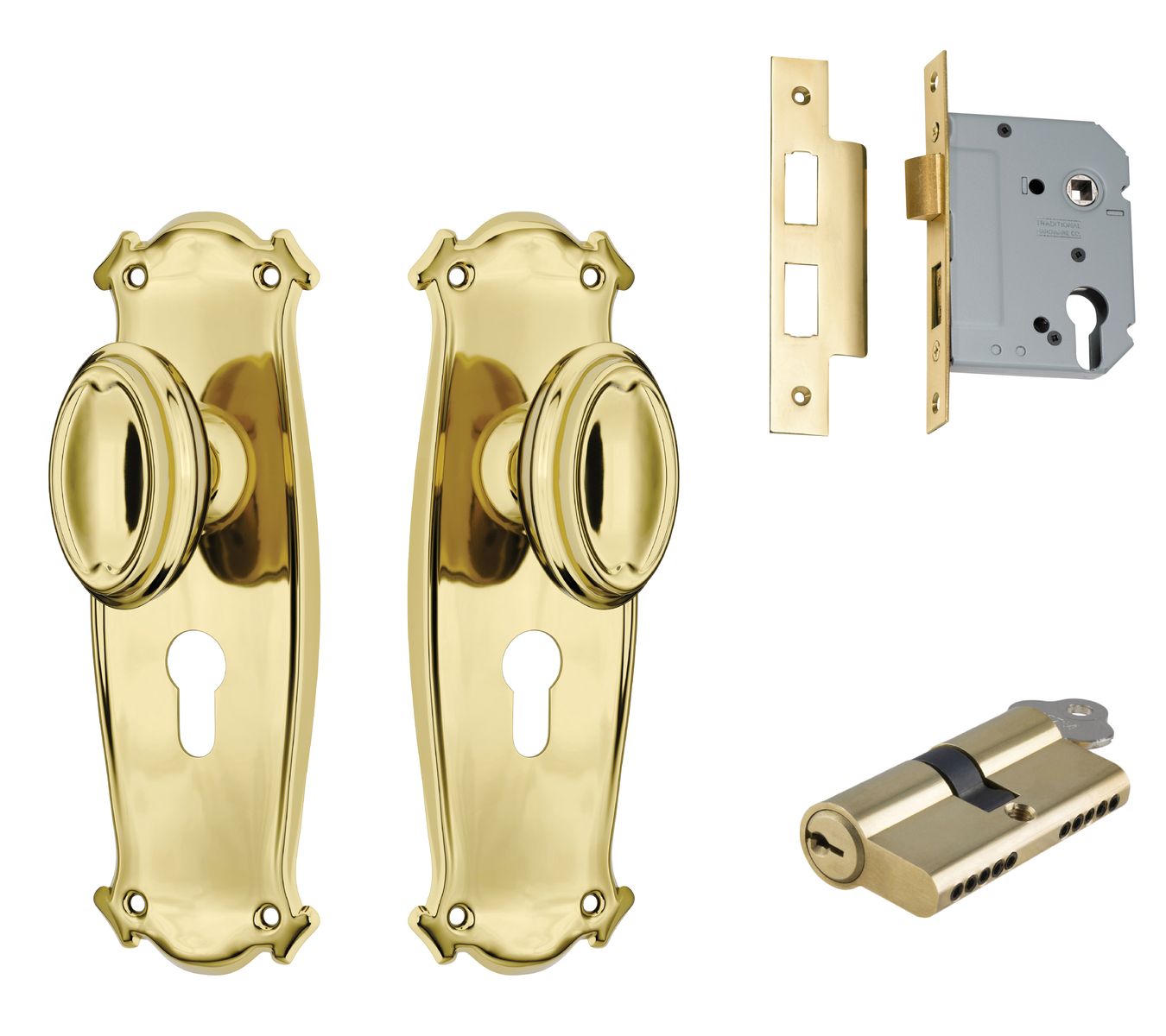 Bungalow Door Knob - Long Backplate Entrance Set with High Security Lock