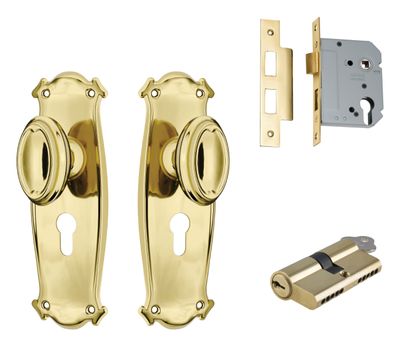 Bungalow Door Knob - Long Backplate Entrance Set with High Security Lock