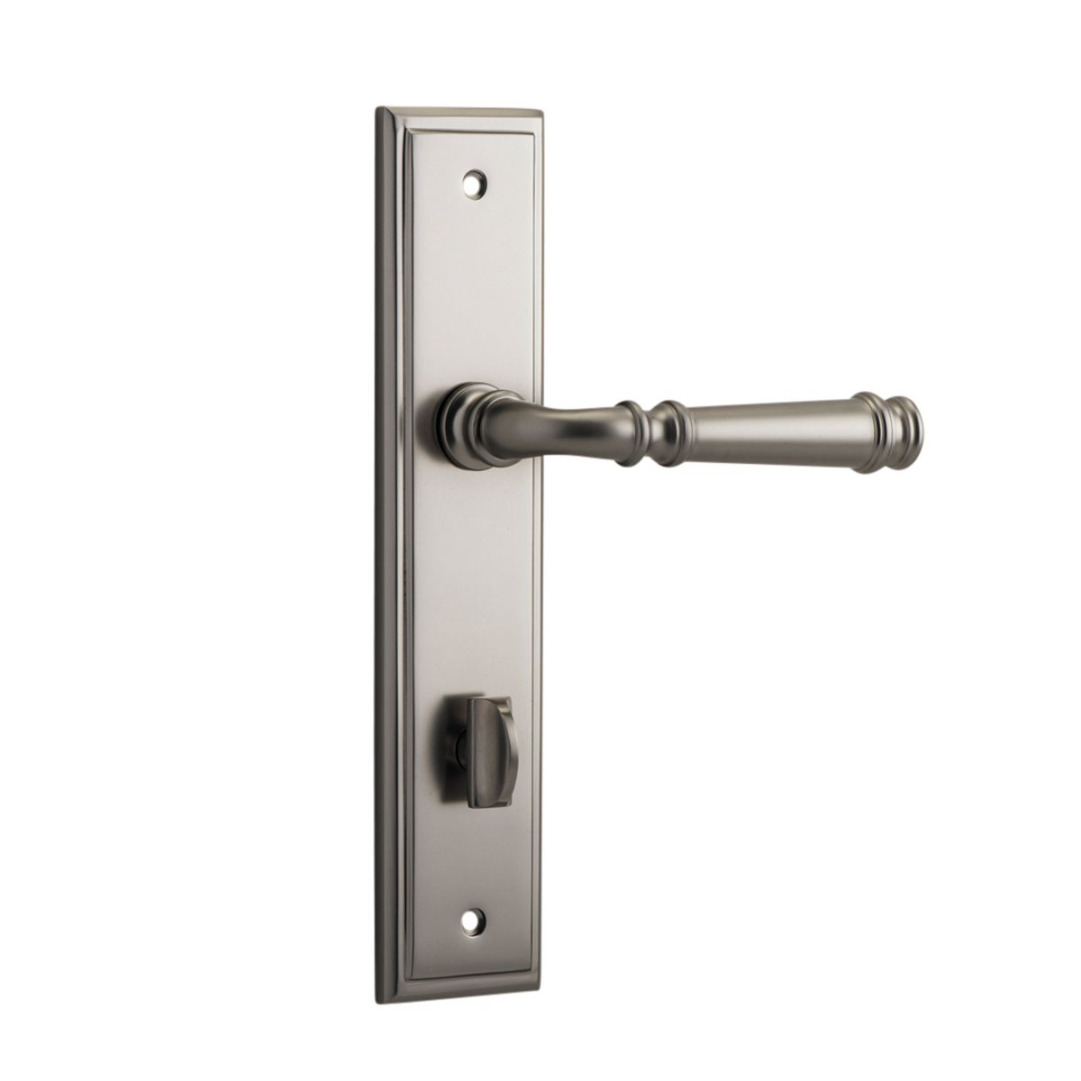 14742P85 - Verona Lever - Stepped Backplate - Satin Nickel - Privacy