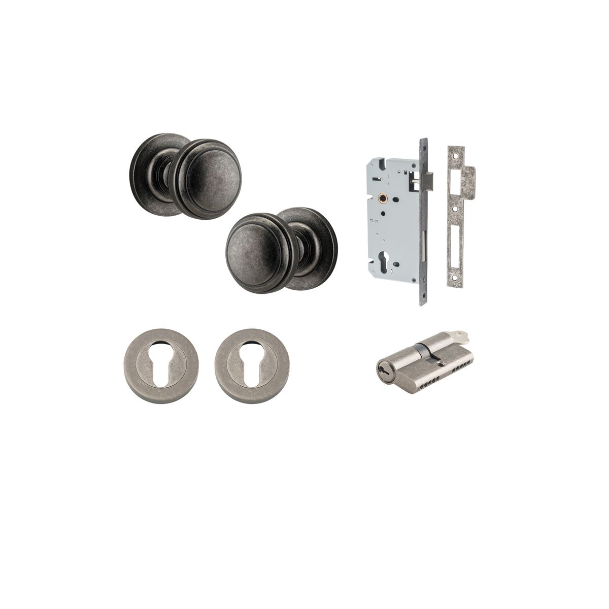 0217KENTR60KK - Paddington Knob - Round Rose Entrance Kit with Separate High Security Lock - Distressed Nickel - Entrance