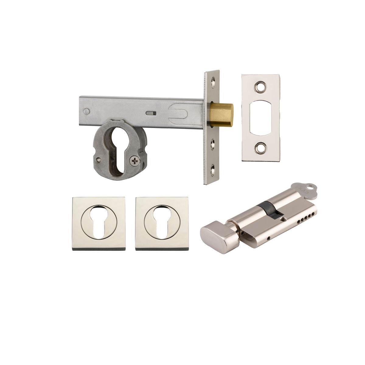 22558K70KTES - Euro Mortice Deadbolt Kit - 70mm Backset with Square Euro Escutcheon Key/Thumb - Polished Nickel - Entrance