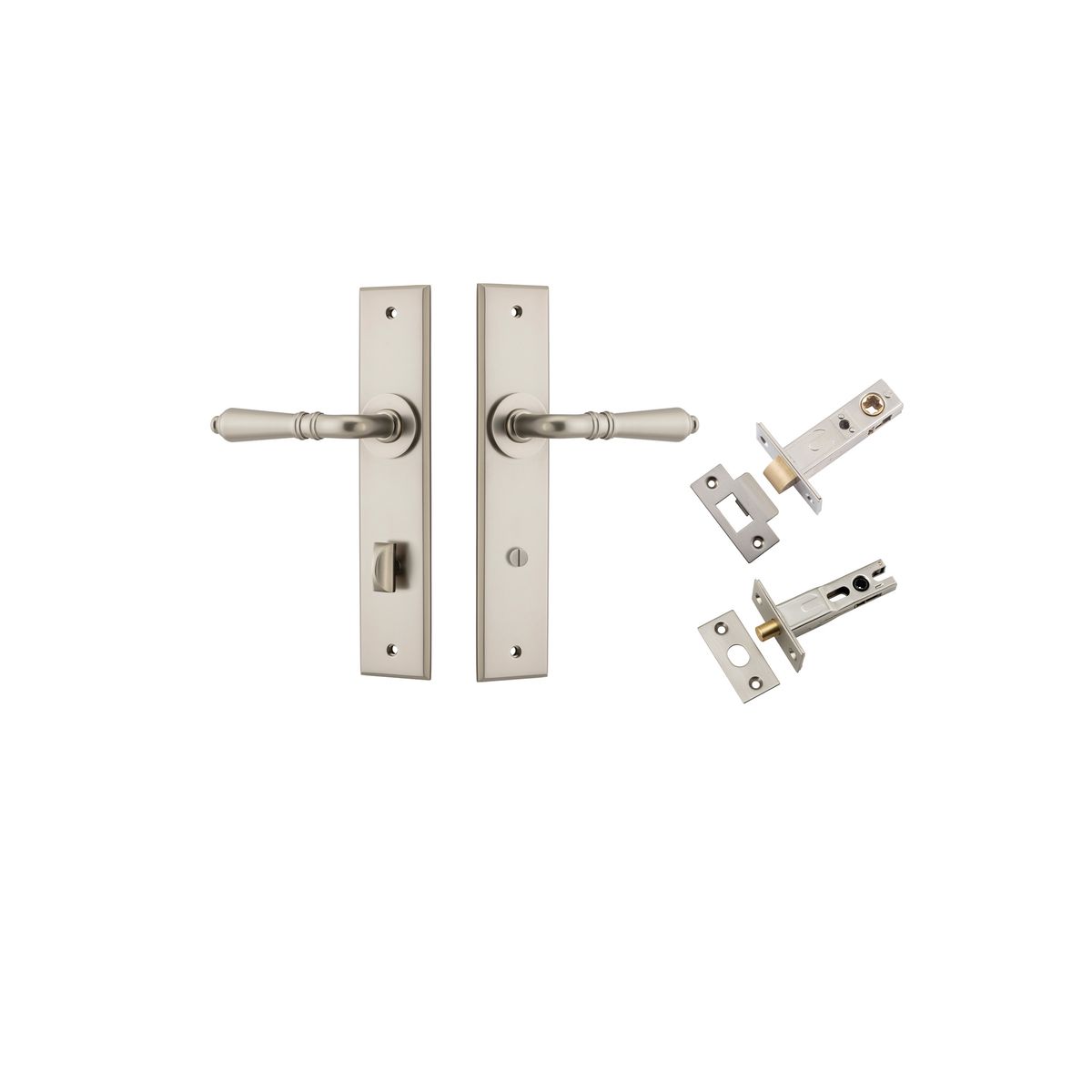 14780KPRIV60 - Sarlat Lever - Chamfered Backplate Privacy Kit with Privacy Turn - Satin Nickel - Privacy