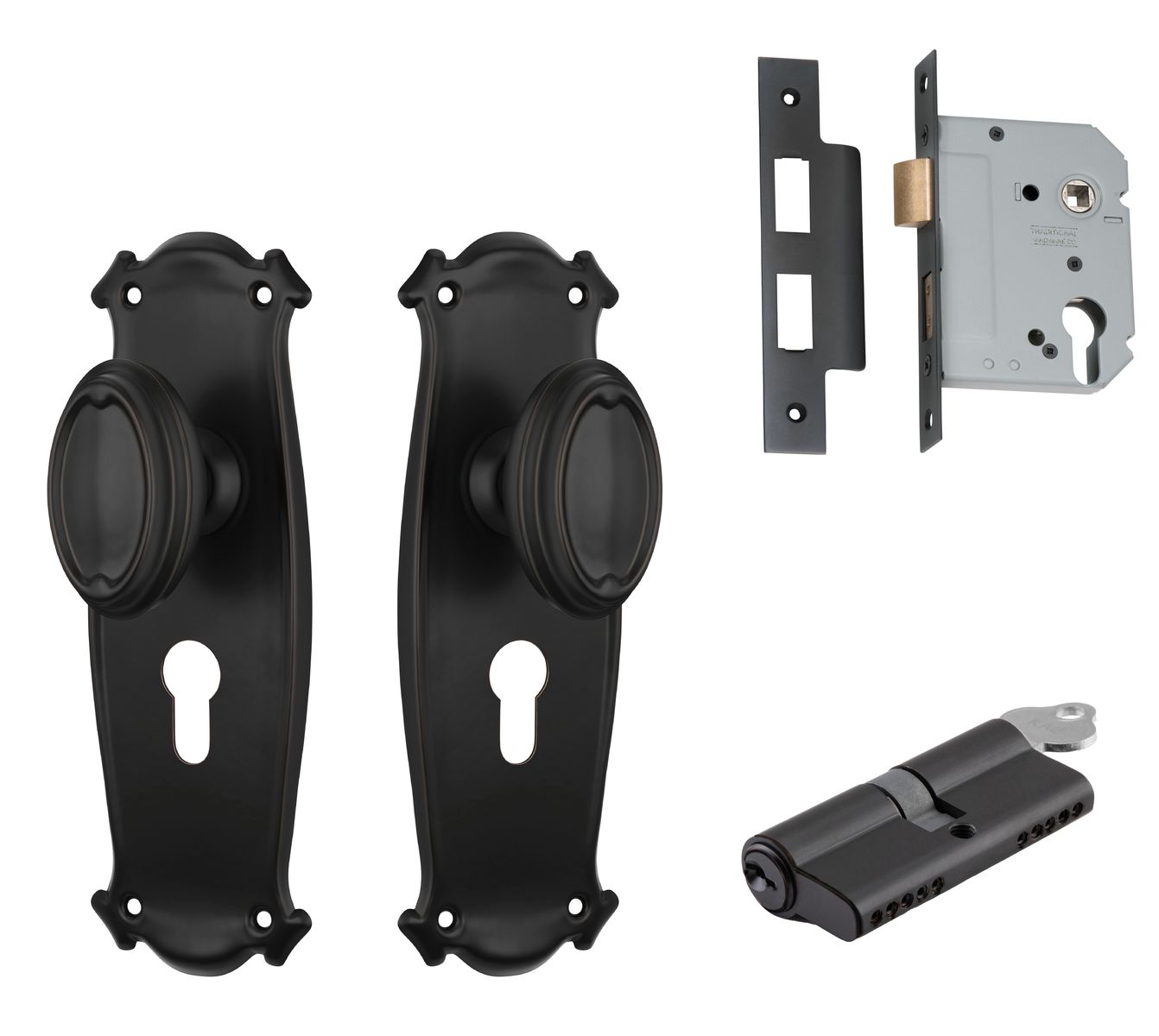 Bungalow Door Knob - Long Backplate Entrance Set with High Security Lock