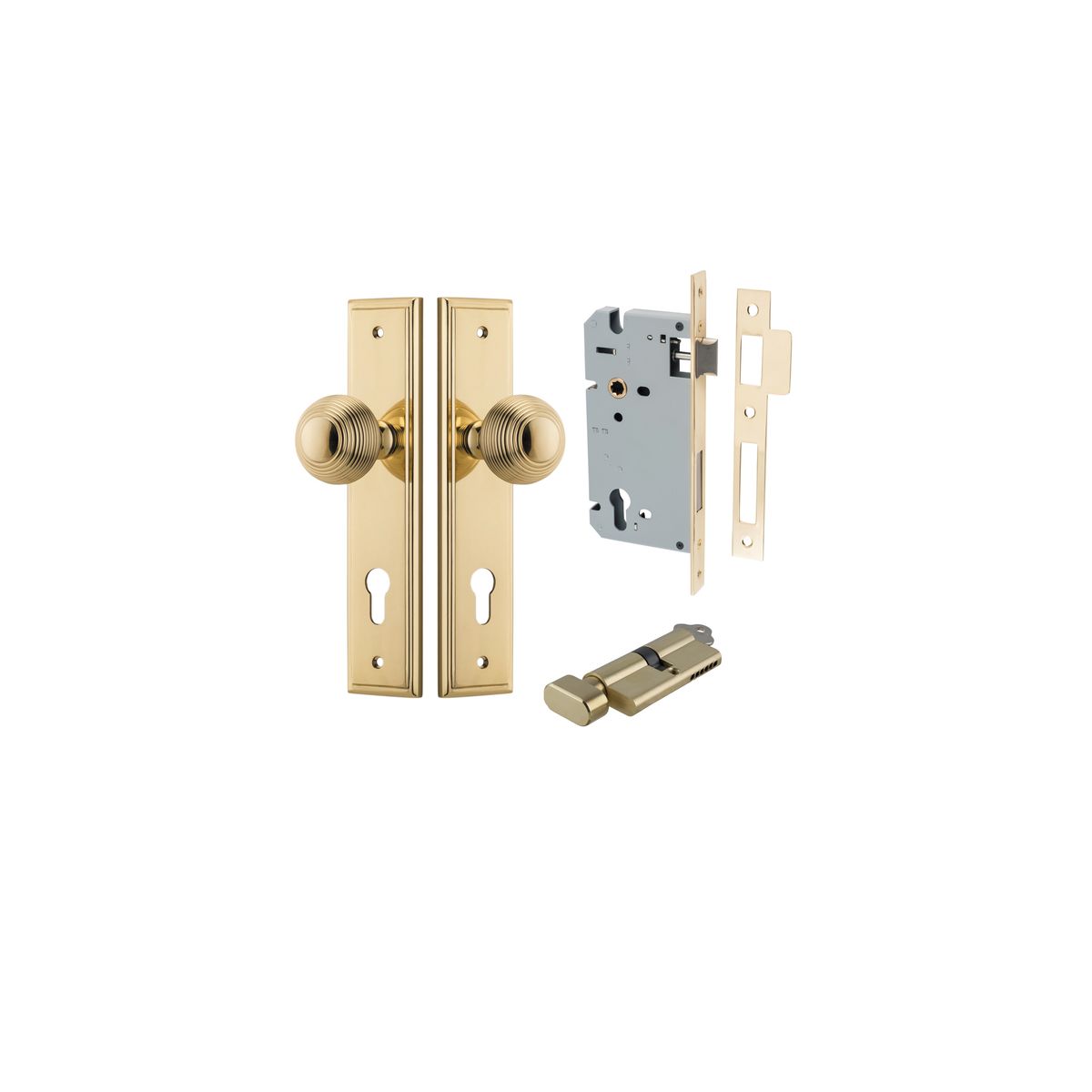 10342KENTR60KT - Guildford Knob - Stepped Backplate Entrance Kit with High Security Lock - Polished Brass - Entrance