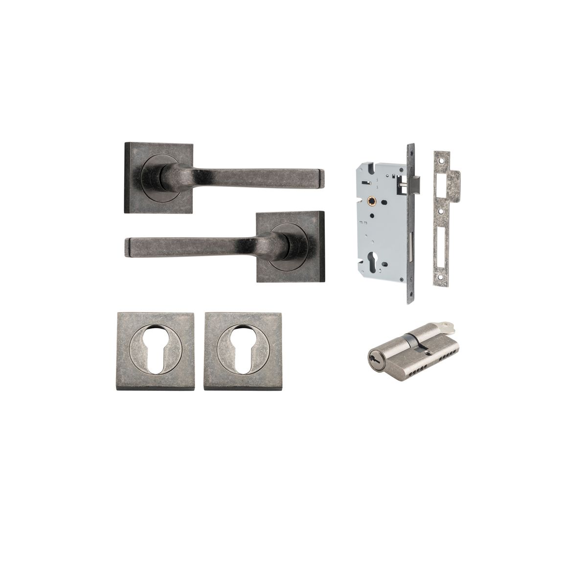 0397KENTR60KK - Annecy Lever - Square Rose Entrance Kit with Separate High Security Lock - Distressed Nickel - Entrance