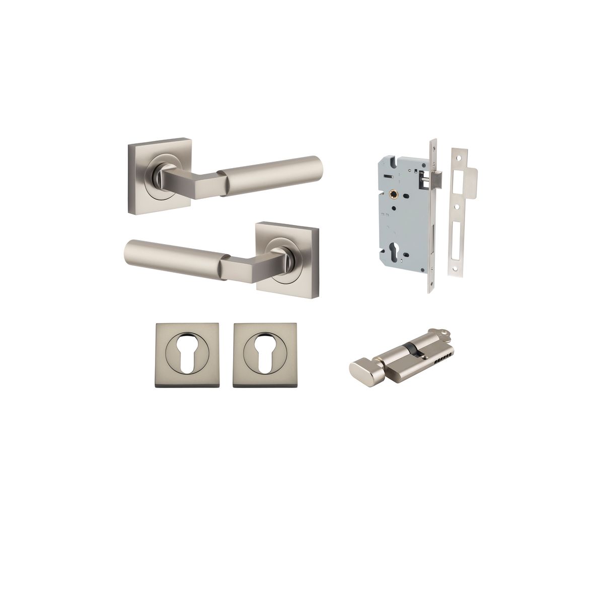 0419KENTR60KT - Berlin Lever - Square Rose Entrance Kit with High Security Lock - Satin Nickel - Entrance