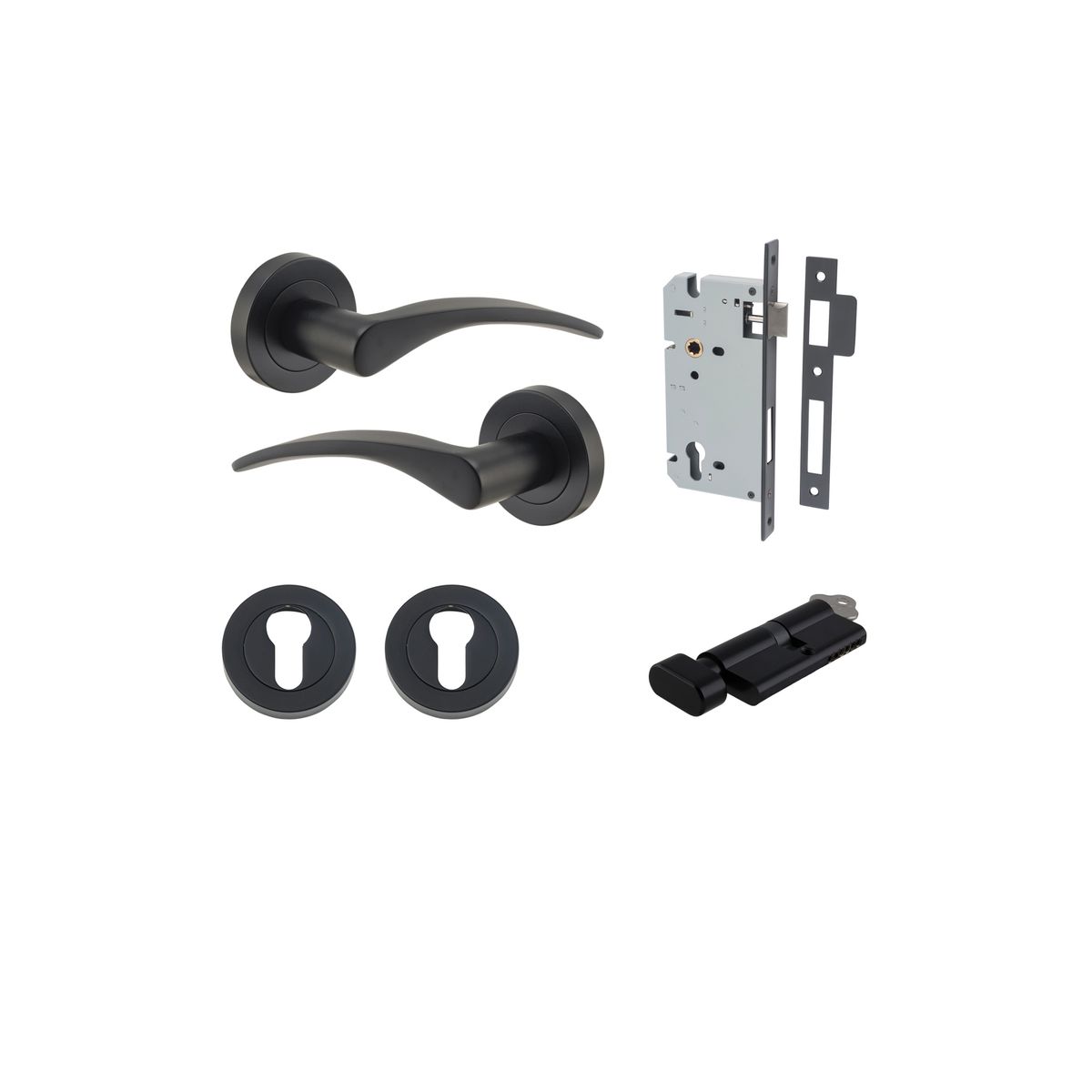 9223KENTR60KT - Oxford Lever - Round Rose Entrance Kit with Separate High Security Lock - Matt Black - Entrance