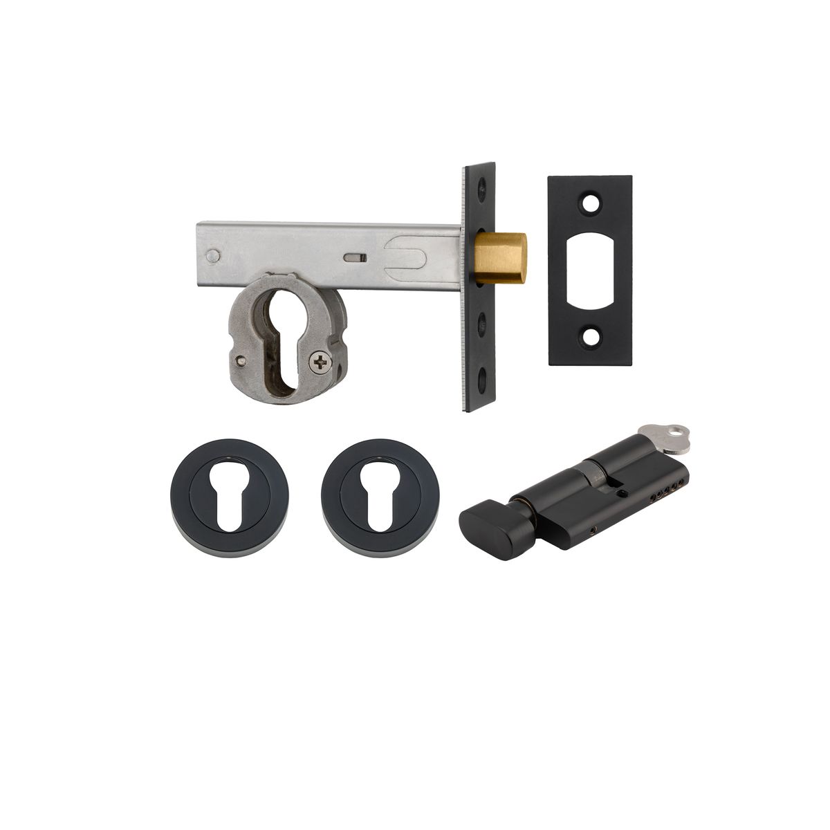22152K60KTER - Euro Mortice Deadbolt Kit - 60mm Backset with Round Euro Escutcheon Key/Thumb - Matt Black - Entrance