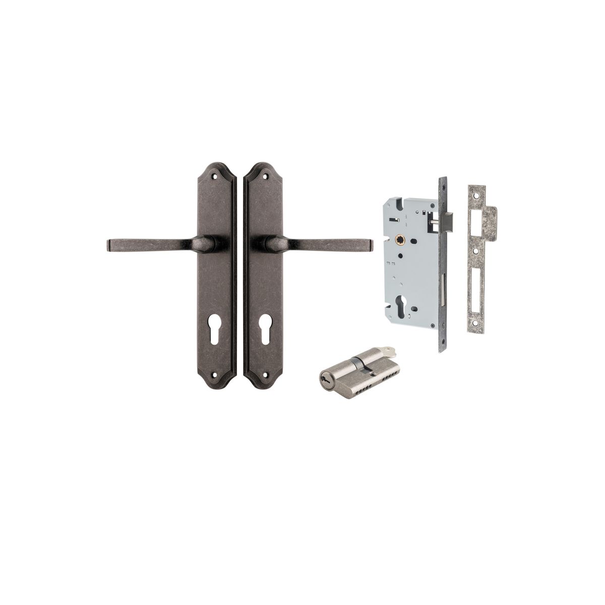 13720KENTR60KK - Annecy Lever - Shouldered Backplate Entrance Kit with High Security Lock - Distressed Nickel - Entrance