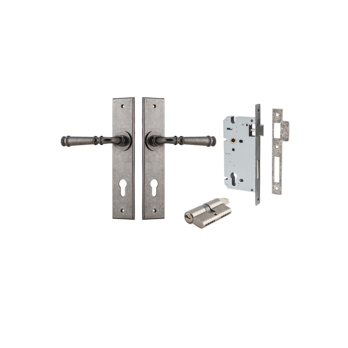 13786KENTR60KK - Verona Lever - Chamfered Backplate Entrance Kit with High Security Lock - Distressed Nickel - Entrance
